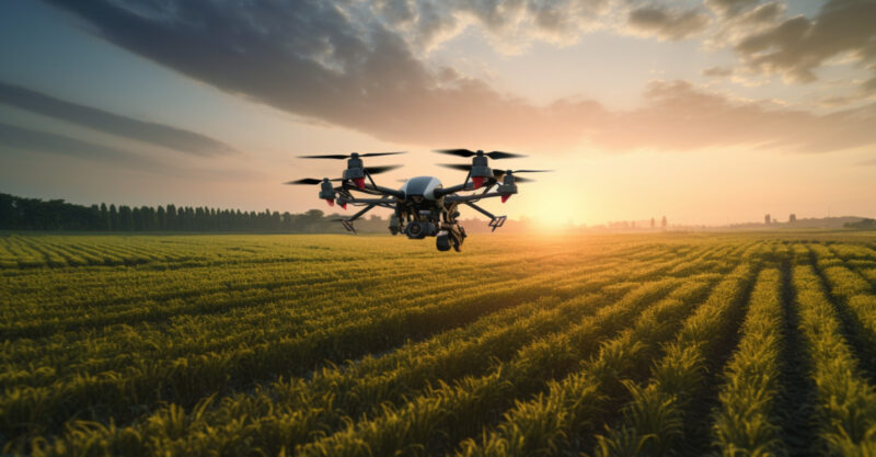 An autonomous drone surveying a vast agricultural field, optimizing crop yields.