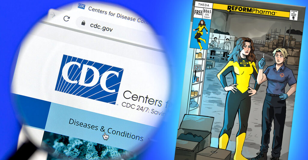 cdc inside magnifying glass and comic book cover from reform pharma