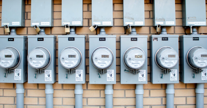 Photo of a bank of Smart Meters installed on residential building.
