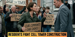 Residents holding signs protesting cell towers