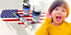 u.s. map with covid vaccine bottles and young girl