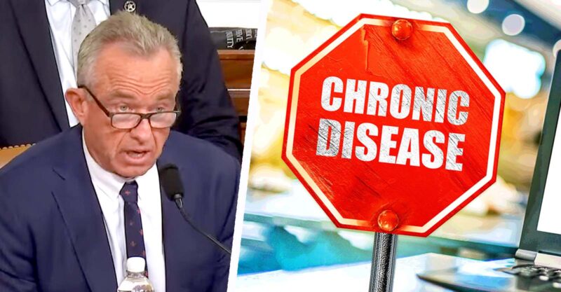 rfk jr at hearing and sign that reads "chronic disease"