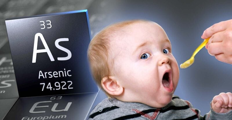 baby eating rice cereal and word "arsenic"
