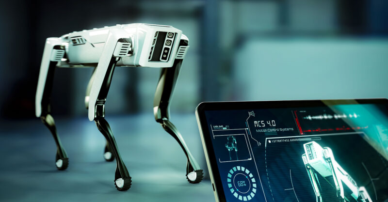 Autonomous Robot For Repeatable Missions Or Facility Inspections. Fictional rendered 3D scene.