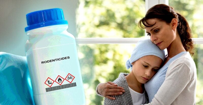 child with cancer and bottle of rodenticides