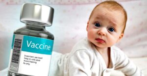 baby and vaccine bottle