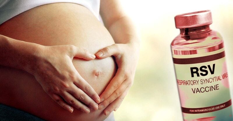 pregnant woman and rsv vaccine bottle