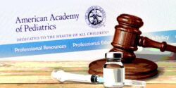 gavel, vaccine bottle and aap logo