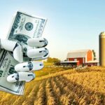 farm and AI robot hand holding money