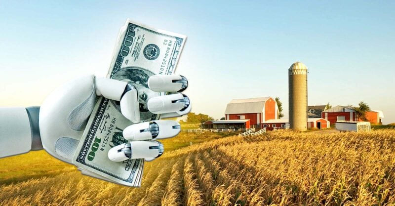 farm and AI robot hand holding money