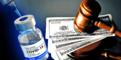 covid vaccine bottle and gavel with money