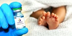 baby feet and sanofi vaccine bottle