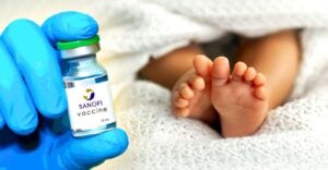 baby feet and sanofi vaccine bottle