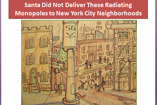 Cartoon drawing of old fashioned city street with 5g towers