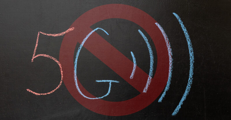 5G written on a chalkboard with a red strike out sign.