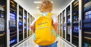 ai data center and child wearing backpack