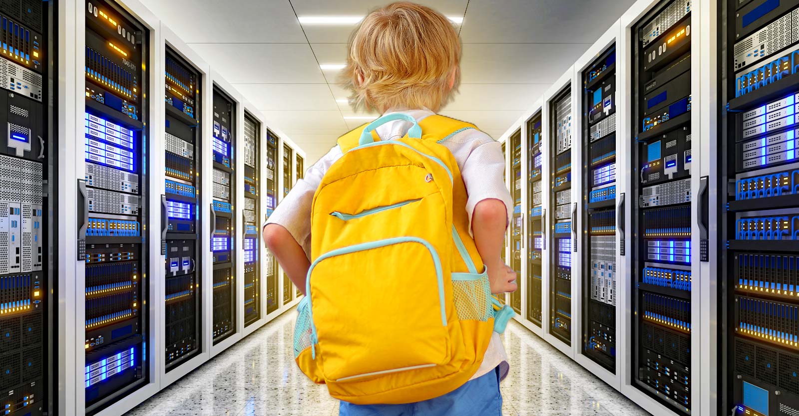 ai data center and child wearing backpack