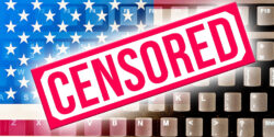 An American flag blended with a computer keyboard. Censored stamp on top.