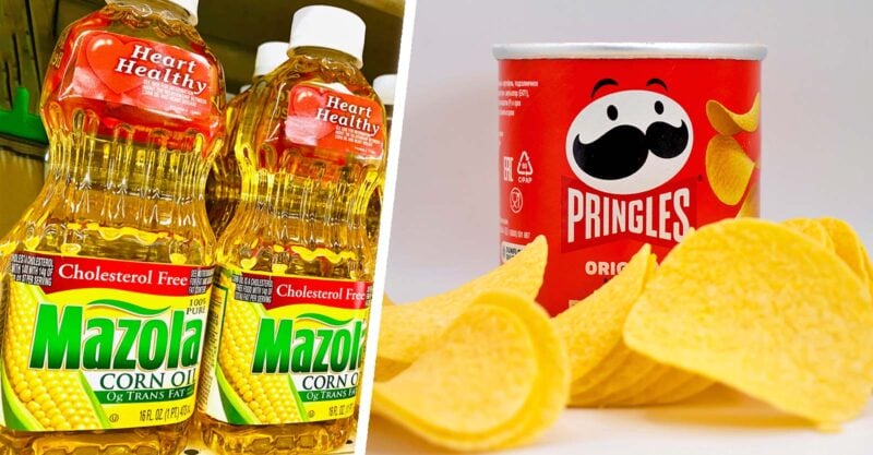 bottle of corn oil and can of Pringles chips