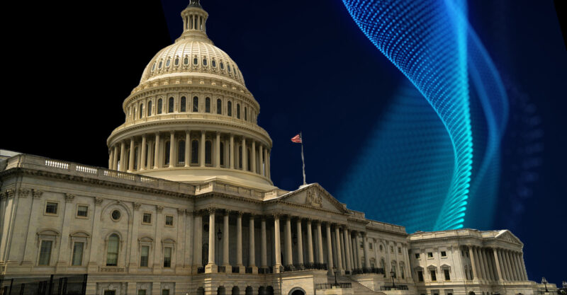 Capitol building with abstract wave technology background representing wireless signal