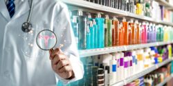 shampoo at store and doctor holding magnifying glass with female reproductive organs inside