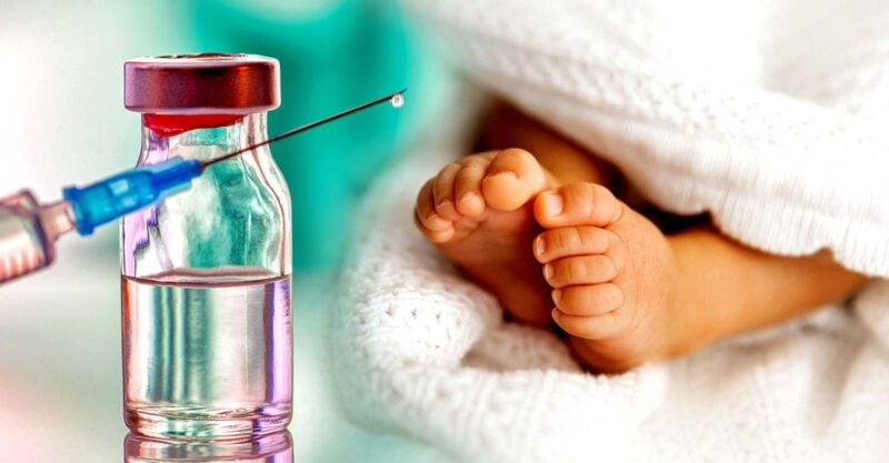 baby feet and vaccine bottle