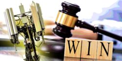 5g cell tower and gavel and word "win"