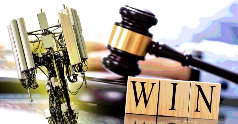 5g cell tower and gavel and word "win"