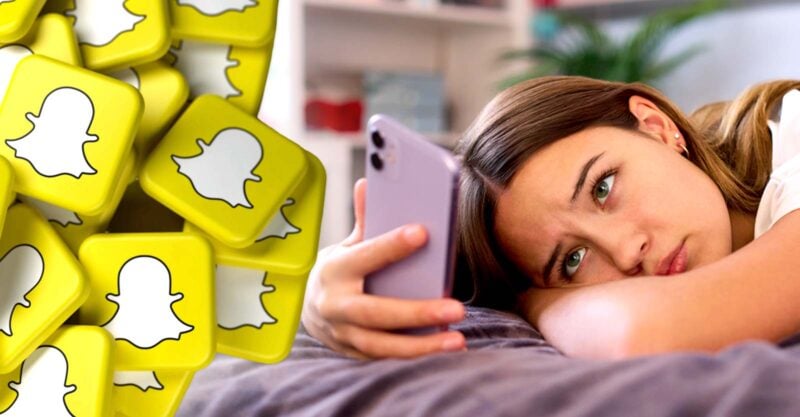 snapchat logo and teen on phone