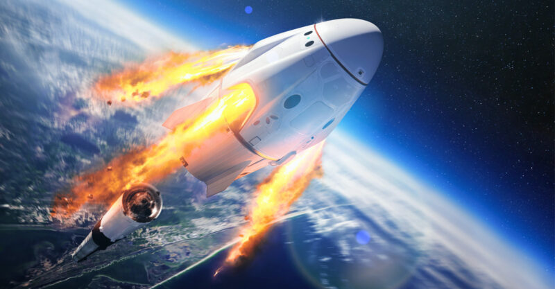 Crew Dragon spacecraft of the private American company SpaceX in space.