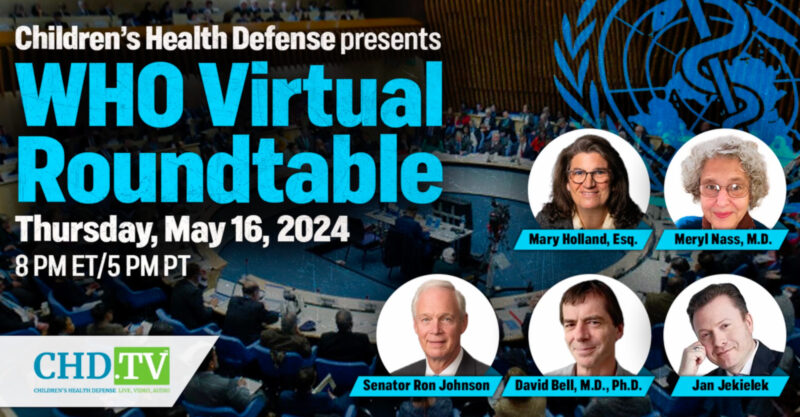 Infographic of WHO Virtual Roundtable event with speaker headshots: Mary Holland Esq., Meryl Nass, M.D., Senator Ron Johnson, David Bell, M.D., Ph.D., and Jan Jekielek