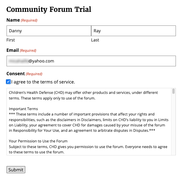 Screenshot of Community Forum Trial - Sign Up Form