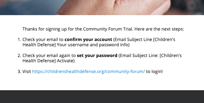 Screenshot of Community Forum Trial Signup - Confirmation Page