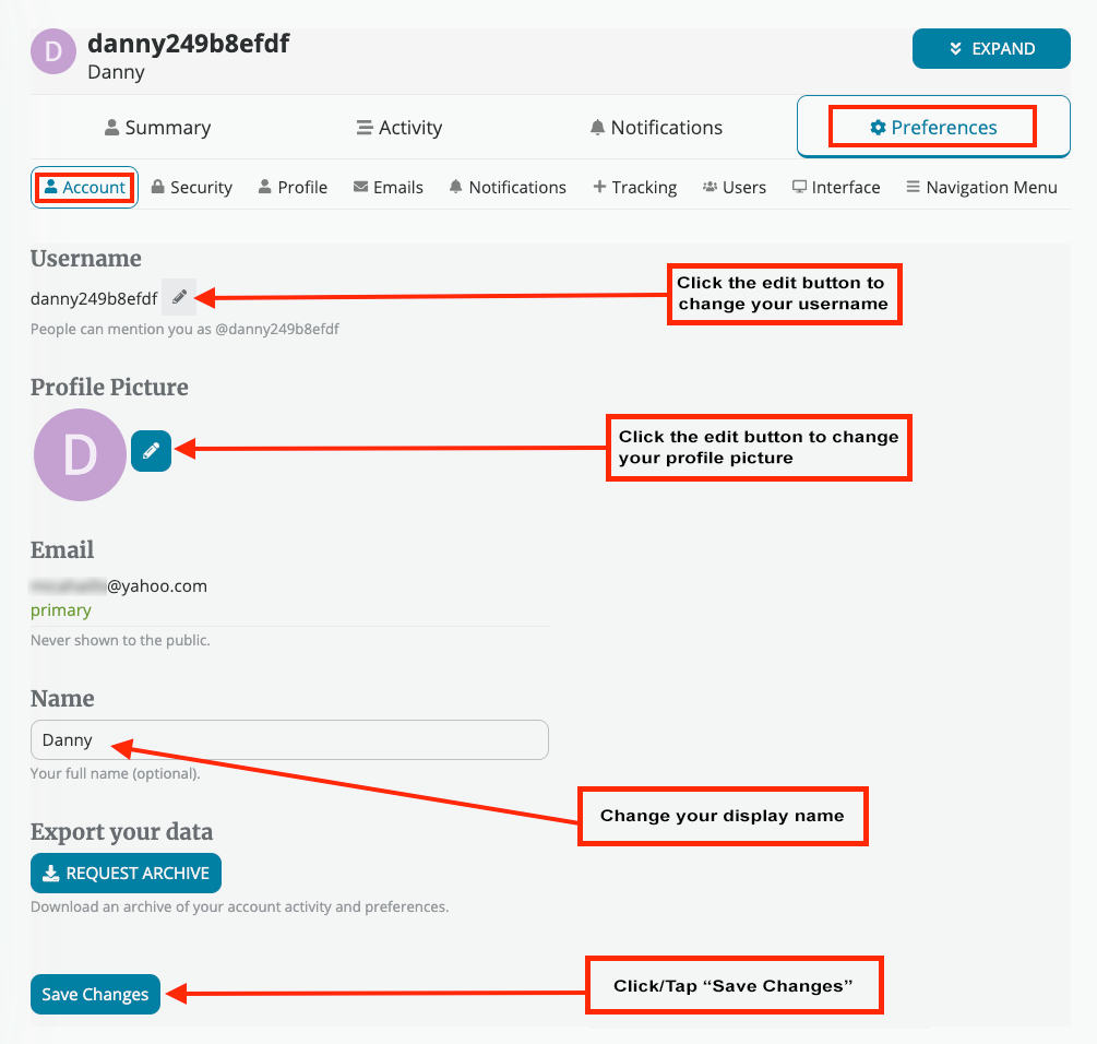 Screenshot of Community Forum  - Preferences and Account Settings