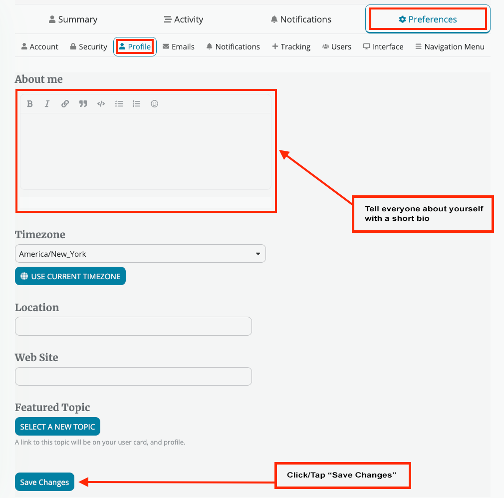 Screenshot of Community Forum  - Preferences and Profile Settings