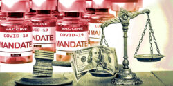 covid vaccine bottles with word "mandate" on it and justice scales, gavel and money