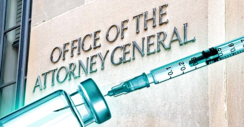 office of the attorney general building and vaccine bottle