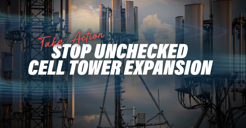 Take action: stop unchecked cell tower expansion - Graphic of cell towers with a sky background.