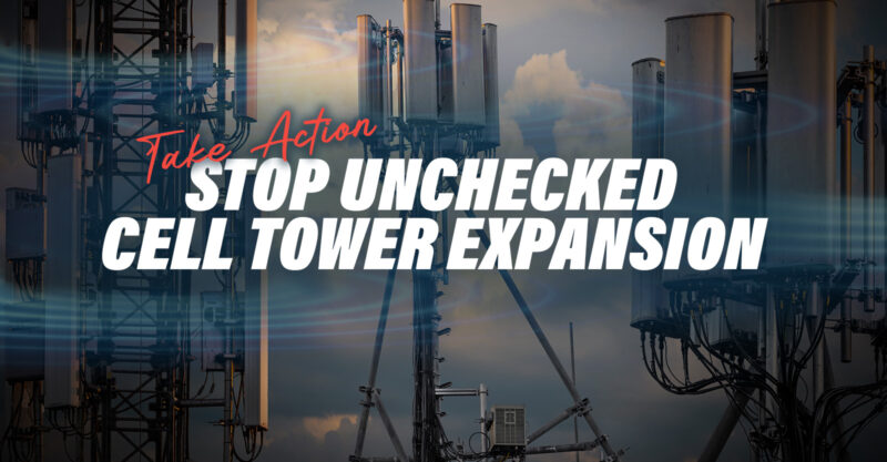 Take action: stop unchecked cell tower expansion - Graphic of cell towers with a sky background.