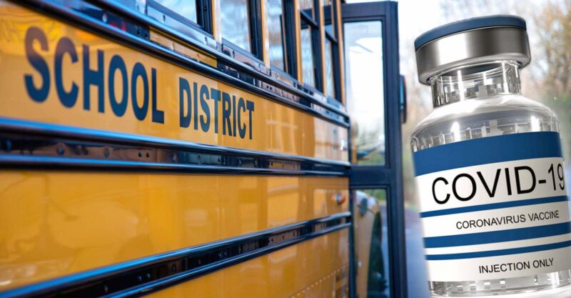 school bus and covid vaccine bottle