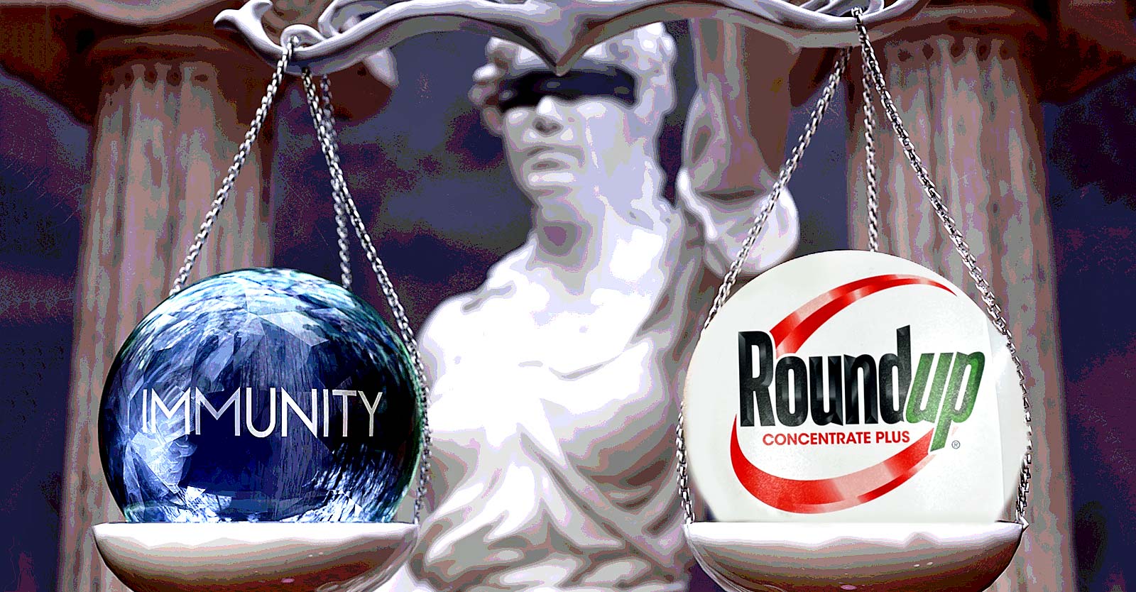 word "immunity" and roundup logo with lady justice