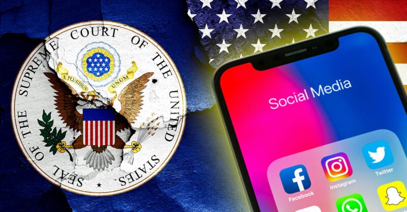 supreme court logo and cellphone with social media apps