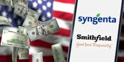 u.s. flag, money and syngenta and smithfield logos