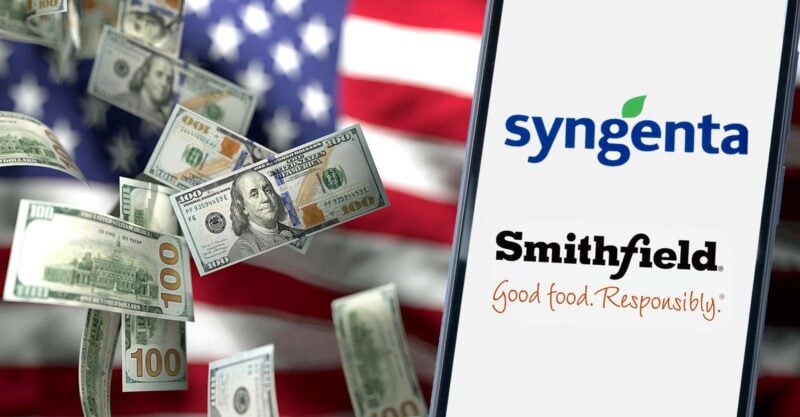 u.s. flag, money and syngenta and smithfield logos