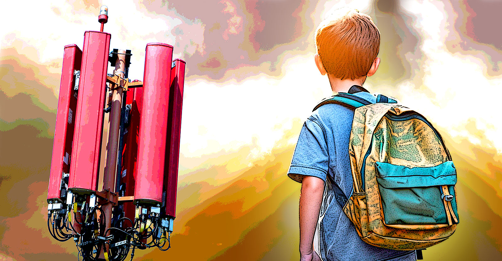 Child wearing backpack looking at a cell tower