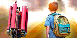 cell tower and boy wearing backpack
