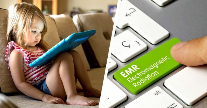 young child using tablet and words "electromagnetic radiation"