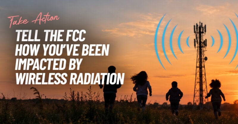 Tell the FCC How You’ve Been Impacted by Wireless Radiation - Image of kids running in a field during sunset with a cell tower in the background.