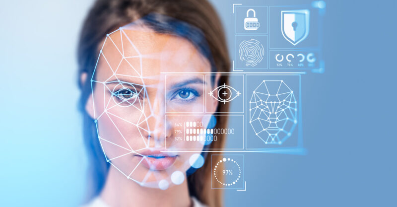 Businesswoman and biometric scanning, digital hologram and statistics