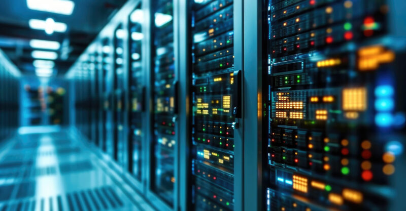 Modern Rack LED console in server room data center.